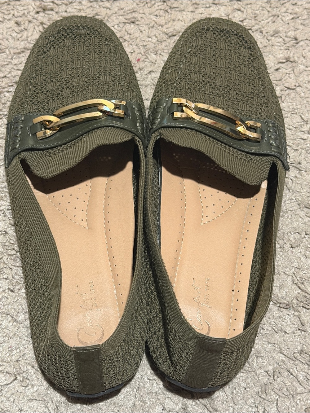 Cato Olive Green Knit Loafers with Gold Chain Detail size 10